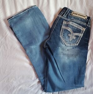 Rock Revival Sherry Women's Distressed Mid Rise Boot Cut Jeans Sz 29 Rhinestones